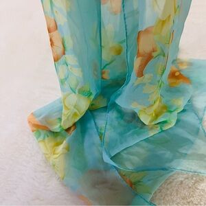 Vintage Sheer Floral Scarf 18”x60” – Blue Chiffon with Watercolor Flowers